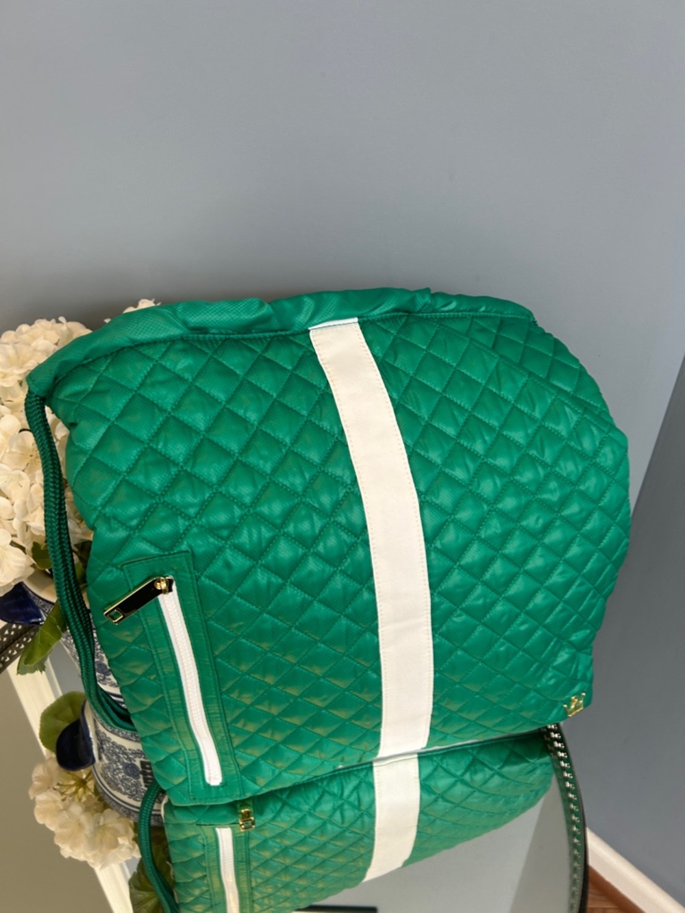 Green Quilted Drawstring Green Cinche  Backpack with White & gold Accent